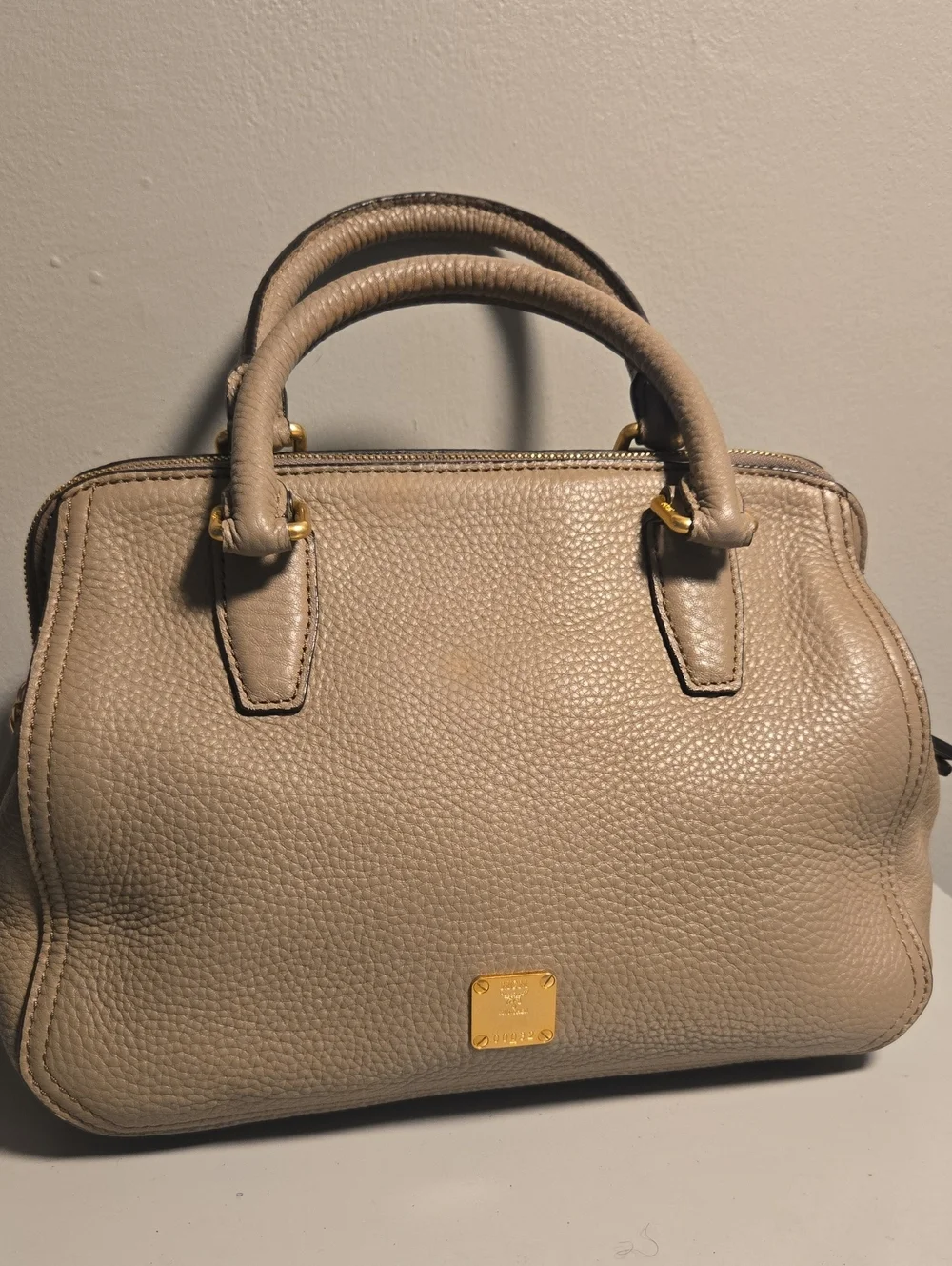 MCM Pebbled Taupe Leather Satchel with Gold Plaque